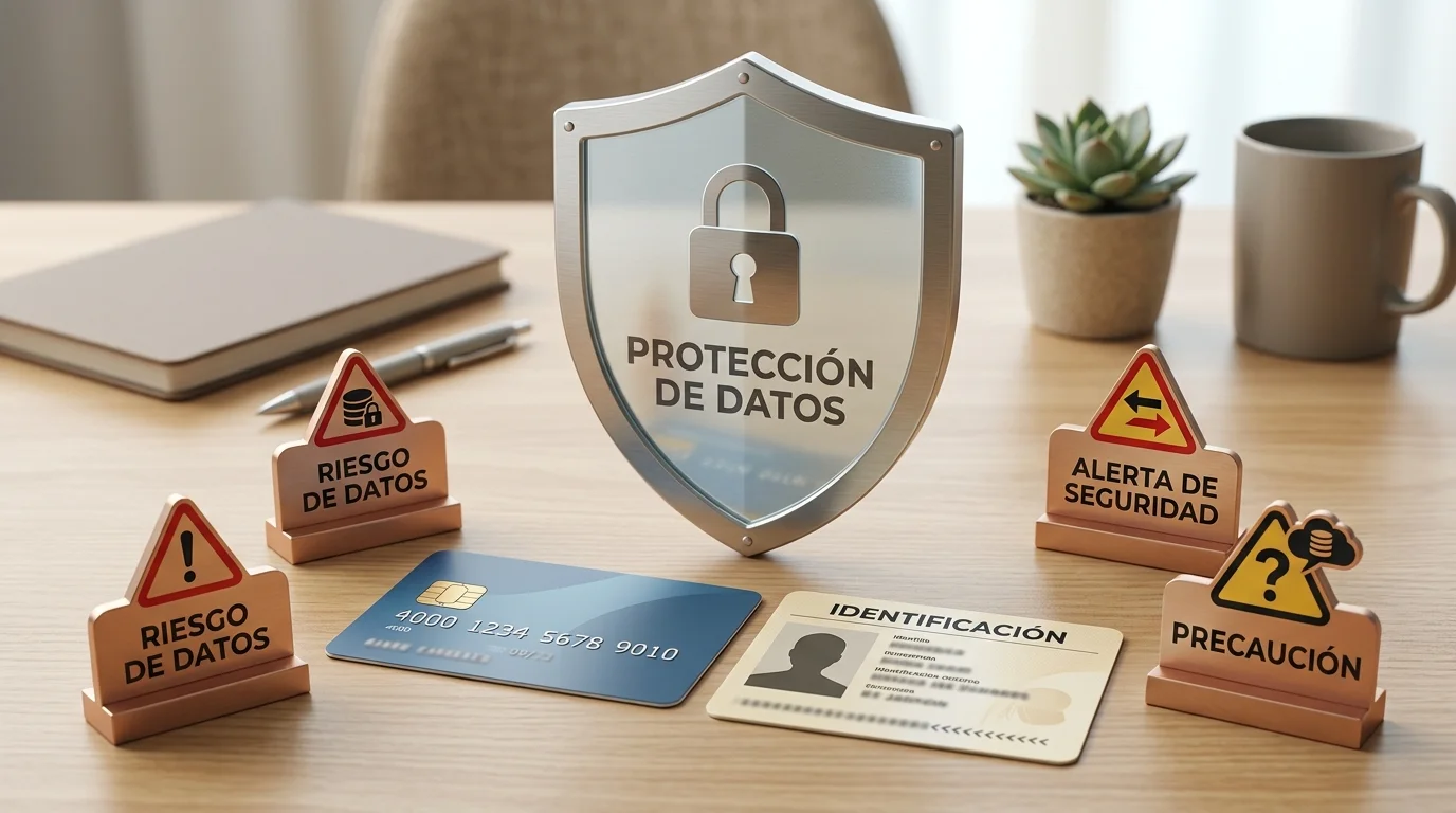 Tarjeta bancaria, documento genérico y escudo de privacidad representados de forma abstracta